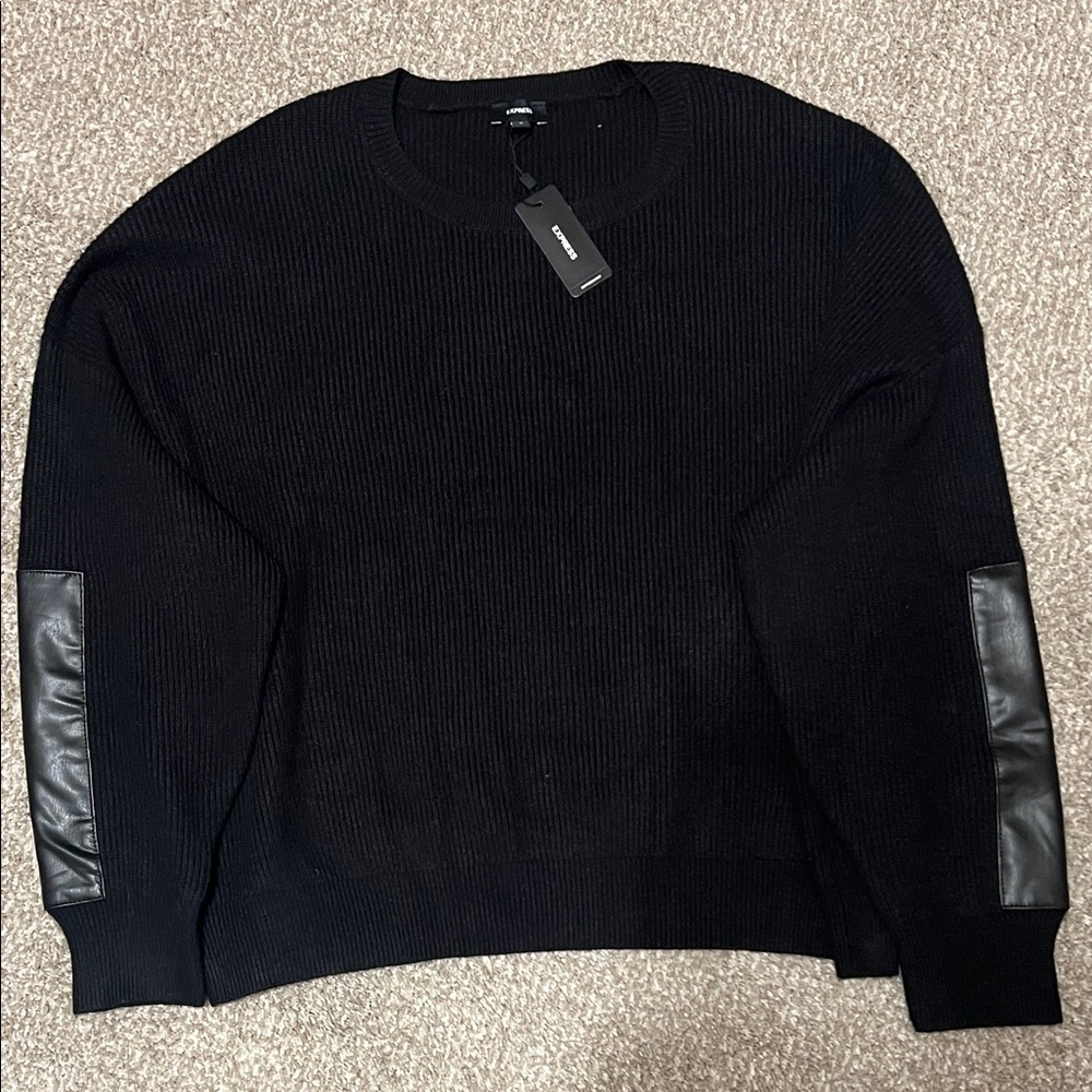 Express Black Sweater with Leather Accents